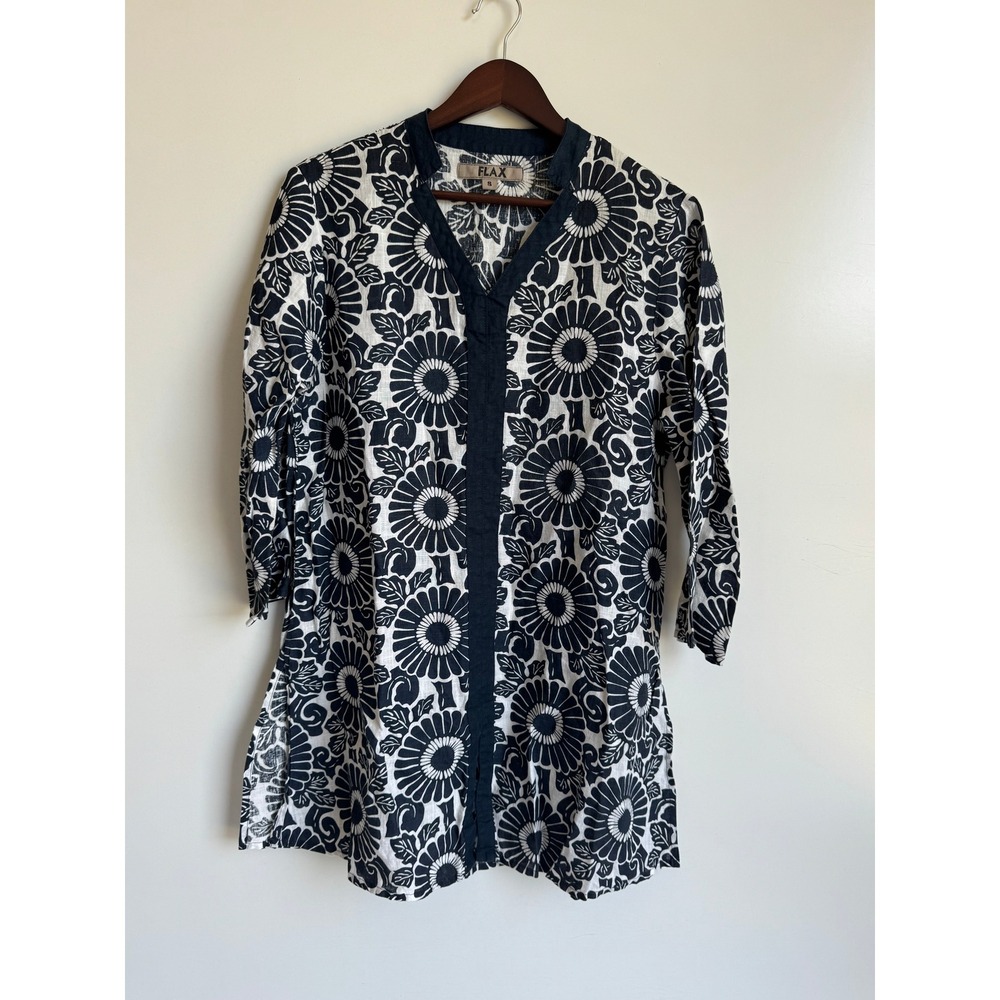 Flax 100% Linen Shift Dress Small Navy Blue White Floral Lagenlook Layered Boho‎